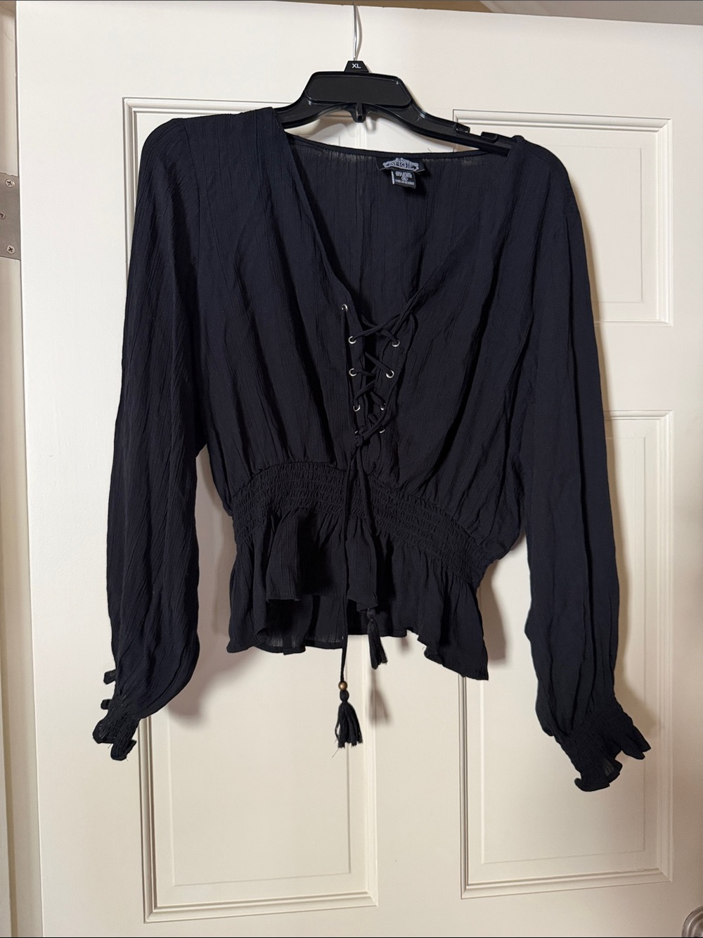 Angie Black Lace-Up Smocked Waist Peasant Blouse